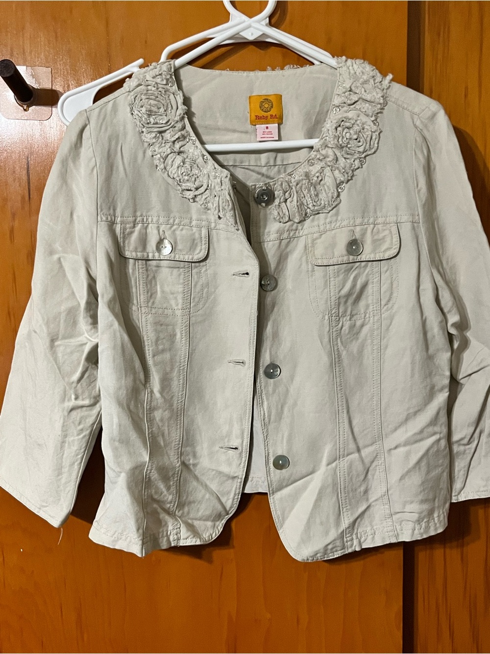 Ruby Rd. Cream Floral-Appliqué Collar Jean Jacket
